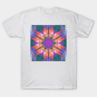 Mosaic Kaleidoscope Flower Pink Orange and Blue T-Shirt